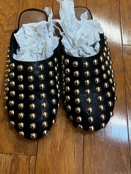 a new day Shoes - Studded Black Slip-On Mules with Gold Accents